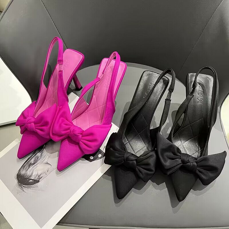 Zapatos de tacón fino con nudo de mariposa para mujer, calzado de vestir Sexy, punta estrecha, tacones altos, novedad de verano 2024