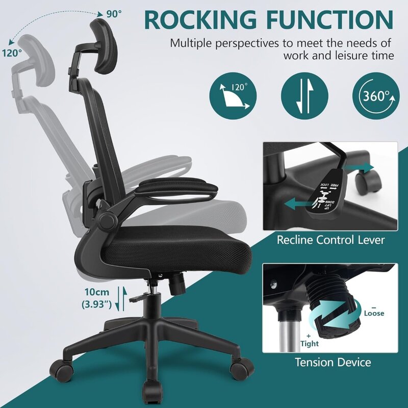 Kursi kantor, sandaran kepala, kursi meja dengan penyangga pinggang dapat disetel, kursi kerja putar kantor rumah dengan sandaran tangan dan punggung tinggi