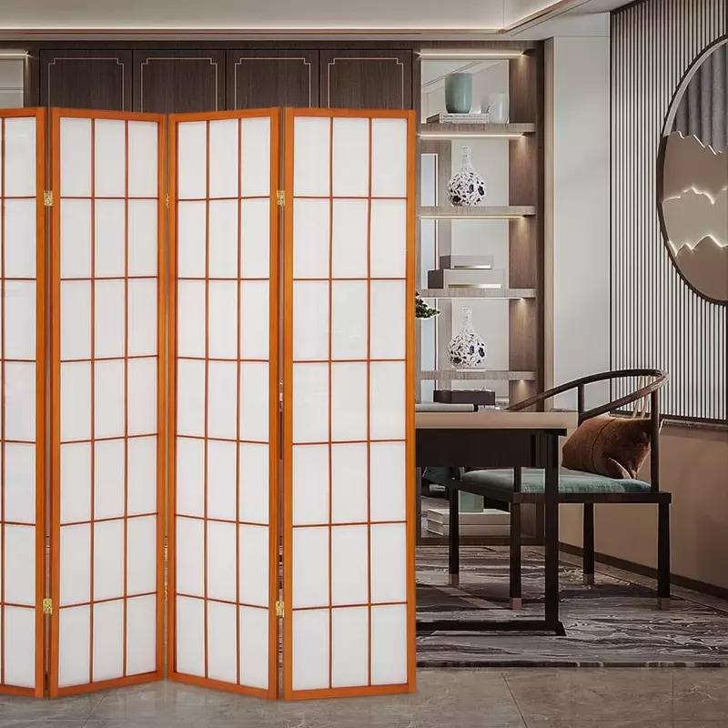 Drewniana parawan przegroda biurkowa ruchoma 4-panelowa przegroda ścienna do biura dekoracyjne domowej, orzechowa, dźwiękoszczelna kabina ekran dzielący niska