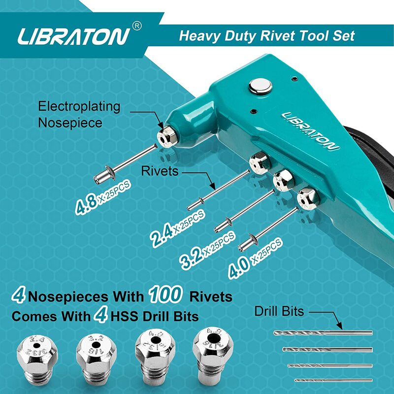 Libraton Heavy Duty nit Gun, solidna profesjonalna nitownica, nit Pop zestaw pistoletów, ręczne narzędzie do nitowania metalu, drewna, plastiku