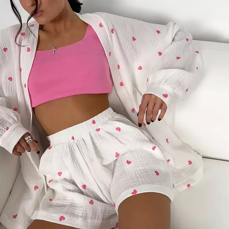 Cotton Pajamas For Women 2 Piece Sets Print Long Sleeve Kimono cardigan top Shorts Sleepwear Suit Female Summer Shorts Tracksuit
