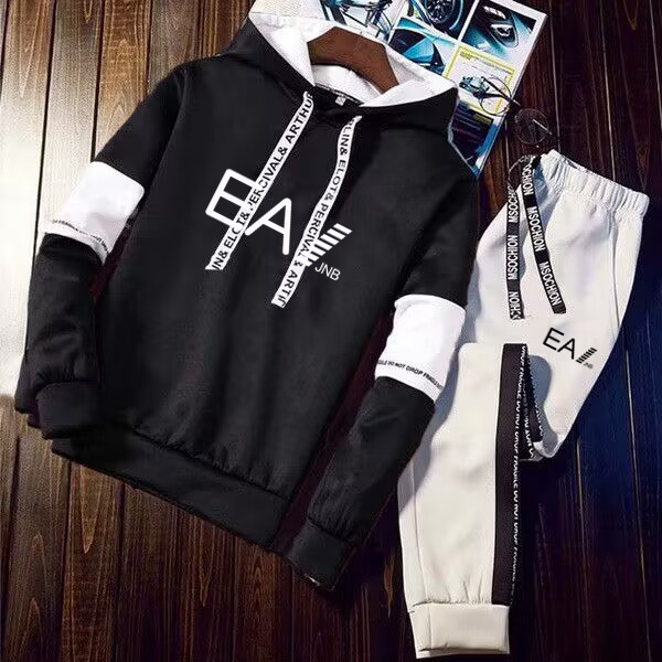 Setelan baju olahraga pria, baju berolahraga kasual hoodie + celana olahraga Jogger merek Pullover pakaian jalanan