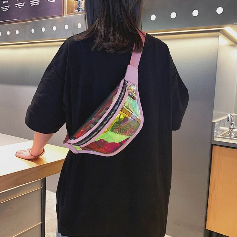 กระเป๋าคาดเอวเลเซอร์พีวีซีสำหรับผู้หญิงกระเป๋าคาดเอวกระเป๋าคาดเอวแบบโฮโลกราฟฟิกแนวพังก์ใสโปร่งใส PVC กันน้ำ