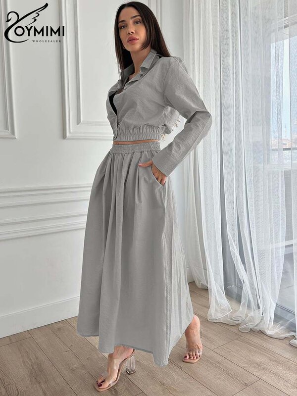 Oymimi Fashion Grey Nylon Two Piece Set For Women Elegant Lapel Long Sleeve Button Crop Shirts And Loose Ankle-Length Skirts Set