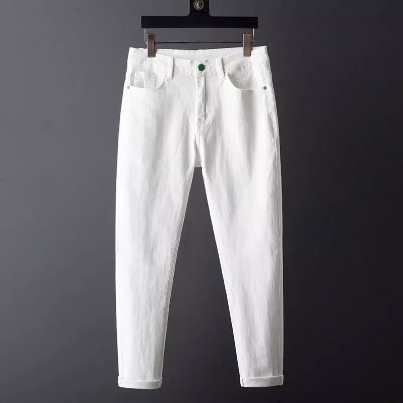 جينز أبيض نقي بقصة مستقيمة للرجال ، سراويل كلاسيكية غير رسمية ، سراويل جينز مرنة ، سراويل ماركة للذكور ، الموضة ، الربيع ، الخريف ، جديد ،