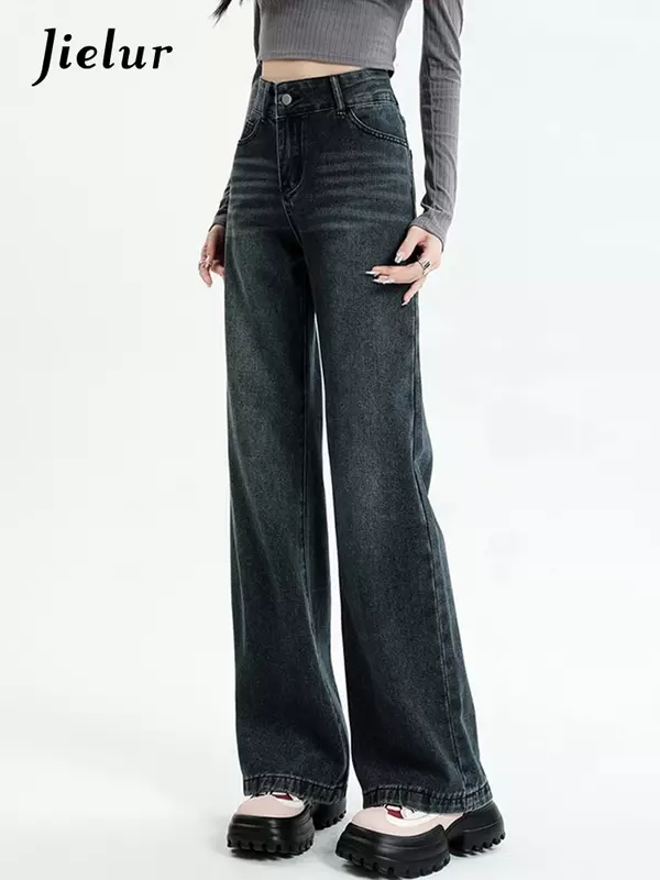 Jielur-Jeans de perna larga de cintura alta para mulheres, calça solta, streetwear vintage, monocromático, slim fit, estilo americano, moda verão, nova
