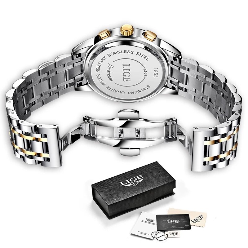 Часы наручные LIGE женские водонепроницаемые, роскошные Брендовые с золотистым стальным браслетом, с коробкой