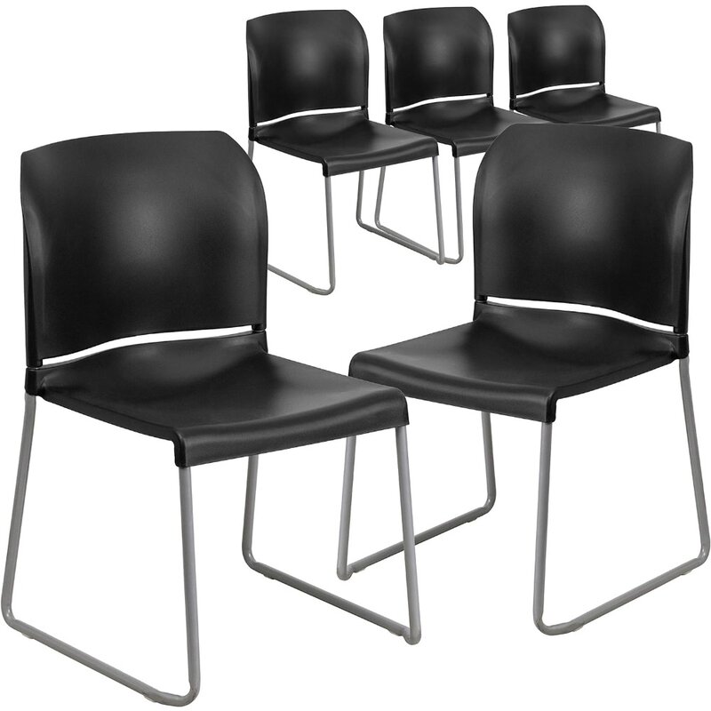 كرسي أسود مكدس بظهر كامل ، مطلي بمسحوق رمادي ، قاعدة زلاجة ، سلسلة هرقل ، سعة رطل ، 5 عبوات