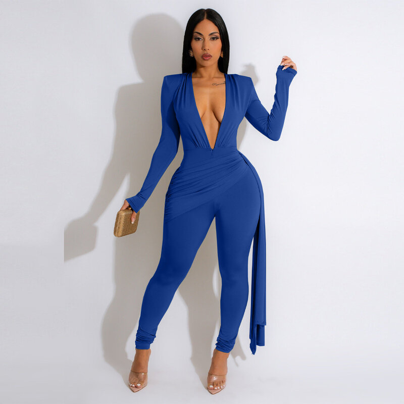BKLD Club Outfit For Women Spring Summer Fashion Deep V-neck Long Sleeve Sexy Jumpsuit With Zipper Solid Color One Pieces