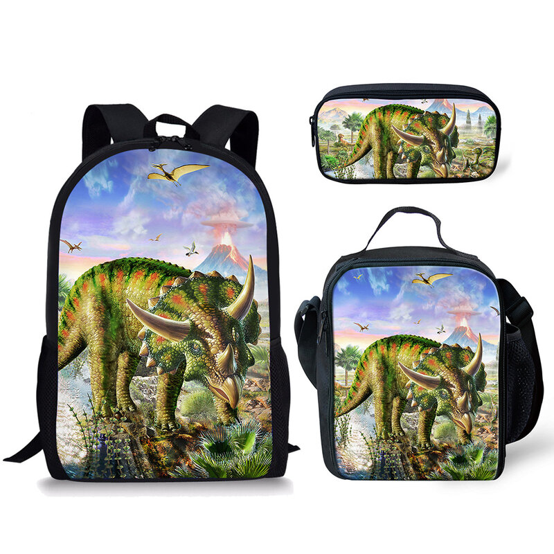Desenhos animados 3D dinossauro impressão mochila, sacos escolares do aluno, mochila portátil, lancheira, estojo de lápis, moda clássica, 3pcs por conjunto