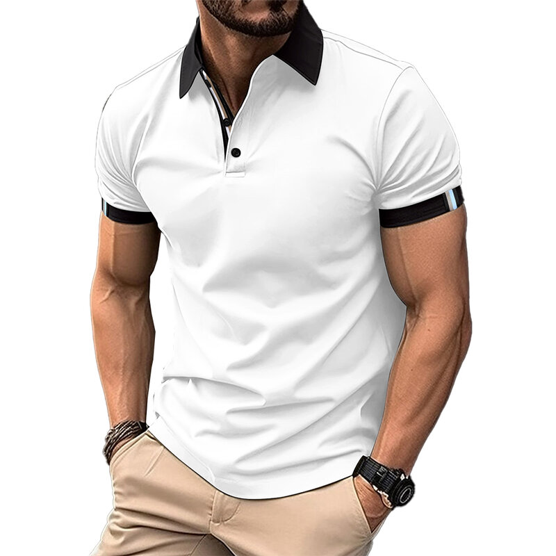 Kaus atasan Slim Fit hitam blus kaus atasan kancing kaus kasual putih kerah abu-abu M-2XL otot pria