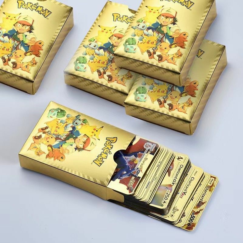 27-110 buah kartu Pokemon emas hitam perak warna-warni Vmax GX Pikachu Charizard Inggris Jerman Perancis Spanyol koleksi kartu hadiah