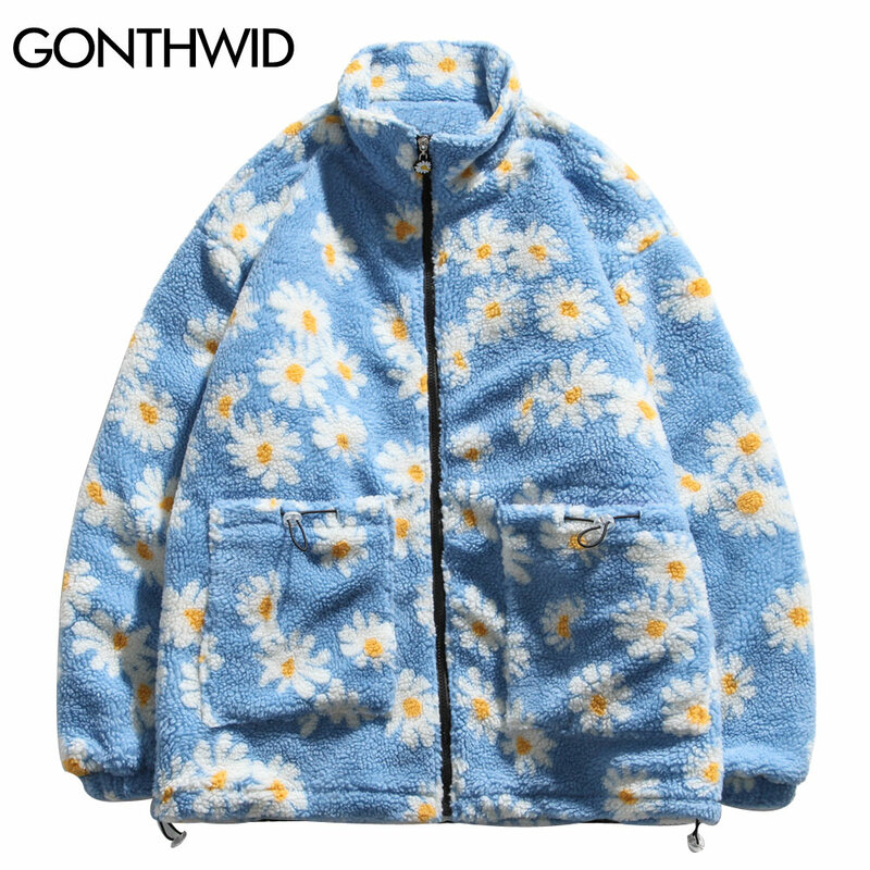 GONTHWID-데이지 프린트 플리스 코튼 패딩 두꺼운 파카 재킷, 스트리트웨어, 힙합, 따뜻한 풀 지퍼 코트, 패션, 하라주쿠 아웃웨어