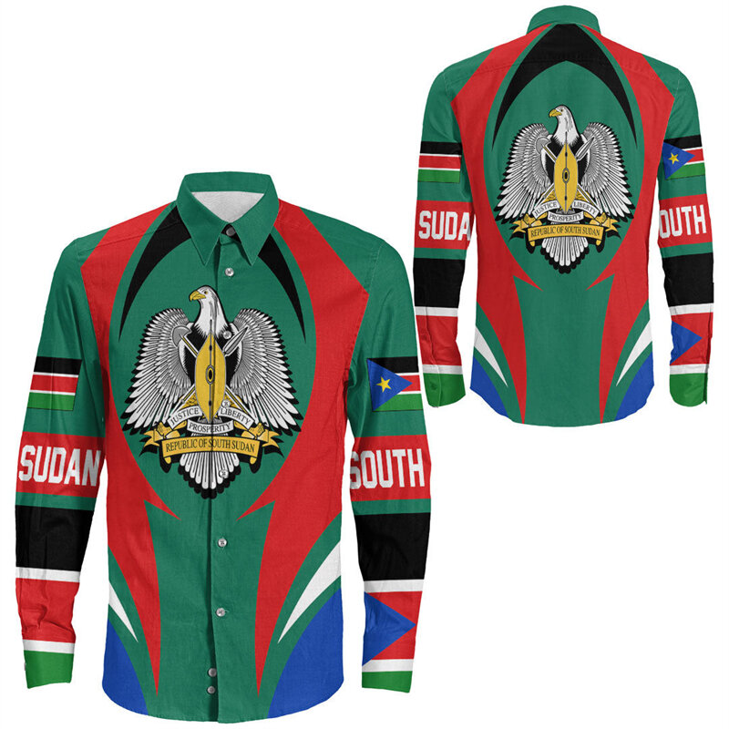 Camisa de manga larga con estampado de bandera de mapa de África y Sudan para hombre, ropa de abrigo patriótica, blusa con solapa