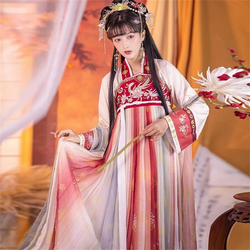 고대 민속 요정 꽃 자수 드레스, 중국 스타일 여성 전통 한푸 당나라 무용 의상