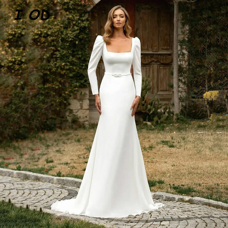Женское свадебное платье с юбкой годе I OD, элегантное платье невесты до пола с квадратным вырезом, длинными рукавами и открытой спиной, индивидуальный пошив