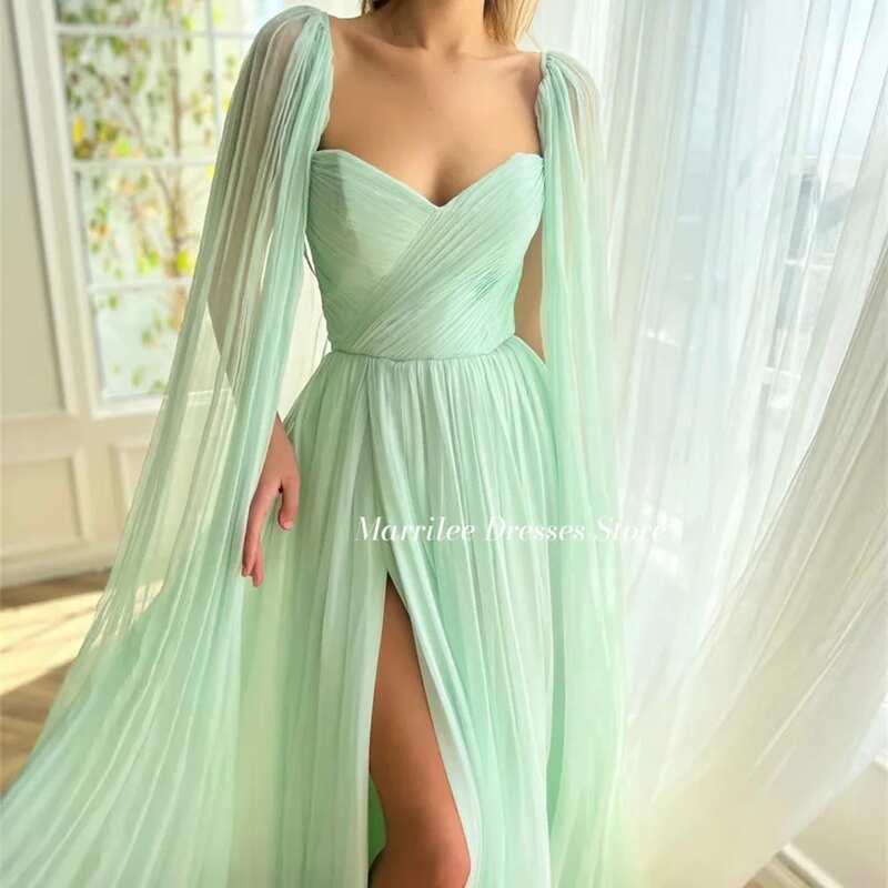 Marrilee gaun Prom sifon Lengan Cape hijau muda sederhana 2024 seksi A-line v-line gaun malam acara Formal Silt sisi tinggi