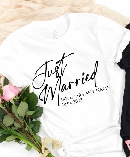 Casais lua de mel apenas casado t-shirt, Streetwear personalizado, combinando casamento Tee, goth Y2K, 100% algodão, marido e esposa casais lua de mel