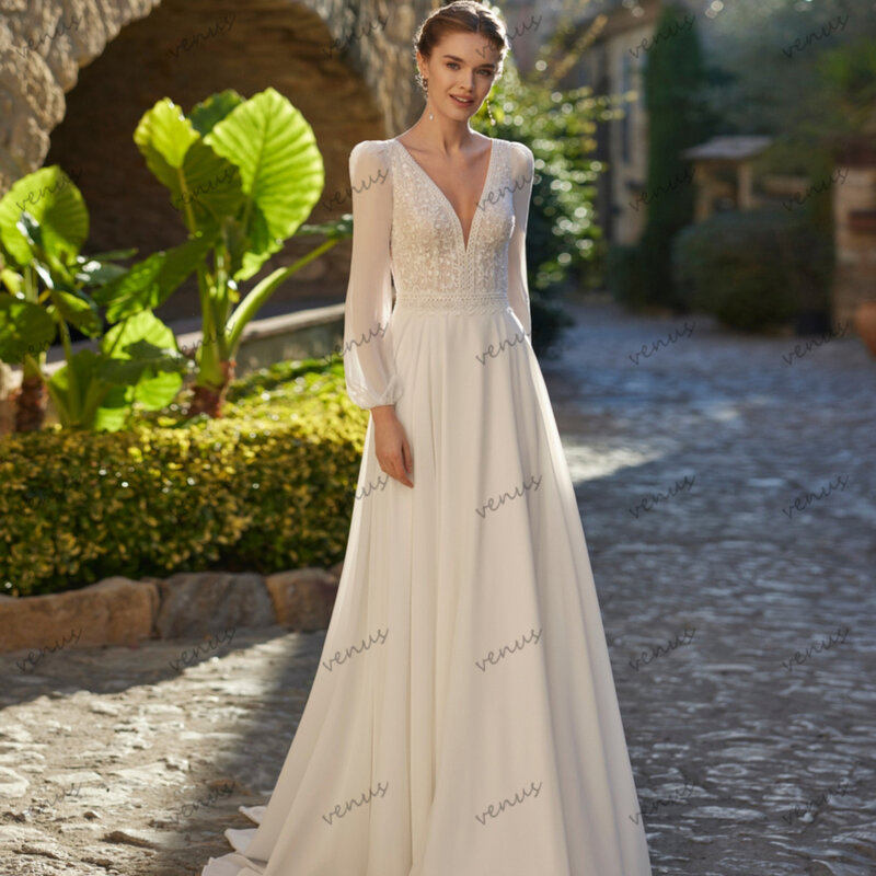 Bohema weselne sukienki w stylu Vintage suknie ślubne szyfonowe szaty o długości podłogi na formalne przyjęcie bufiaste rękawy Vestidos De Novia