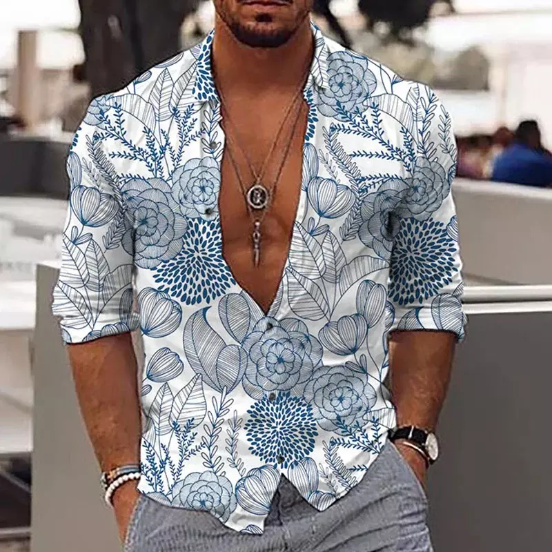 Fashion Floral Skull Rose Flower Men Shirt Party Prom Lapel Long Sleeve Blazer Casual Hot Sale New High Quality Premium Fabric