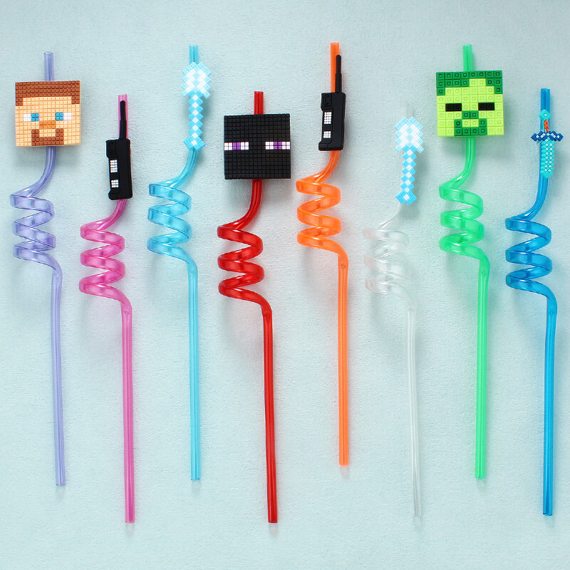 Reusable Miner Plastic Spiral Drinking Straws, My World Pixel Straw, Decorações de Festa de Aniversário, Suco de Palhas, Crianças, 26cm, 8pcs