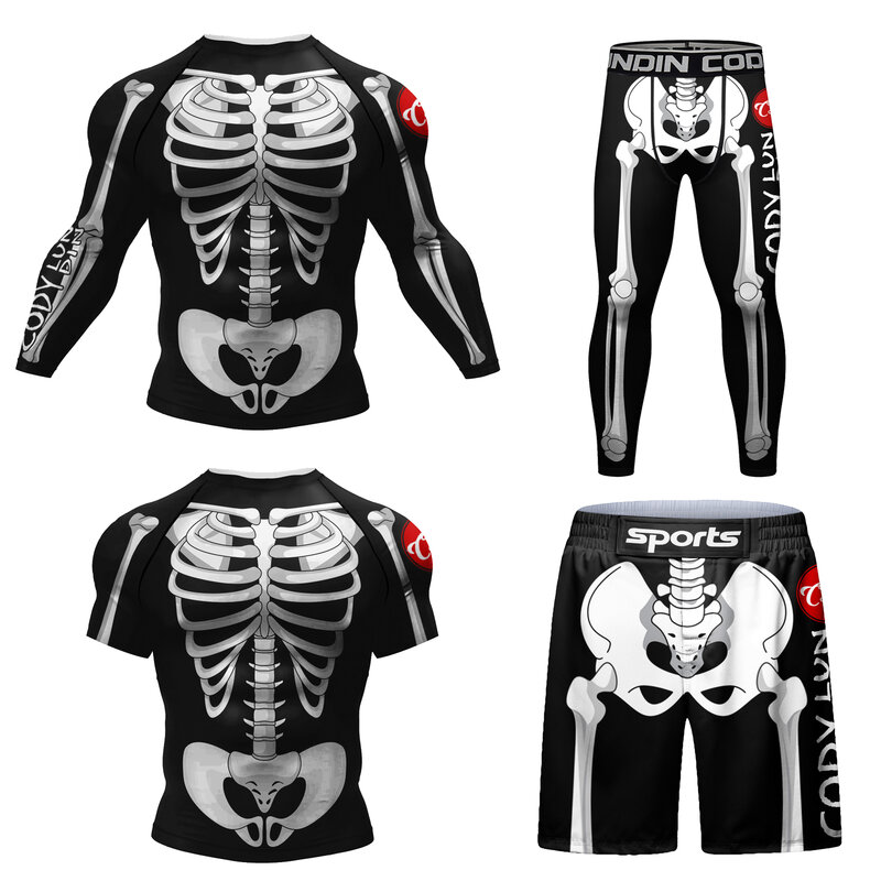 Cody Compression Men Sportsuit with Skull Graphic Print Jiujitsu Kimono Rashguard T-shirts + Leggings Fight Shorts Box Tracksuit