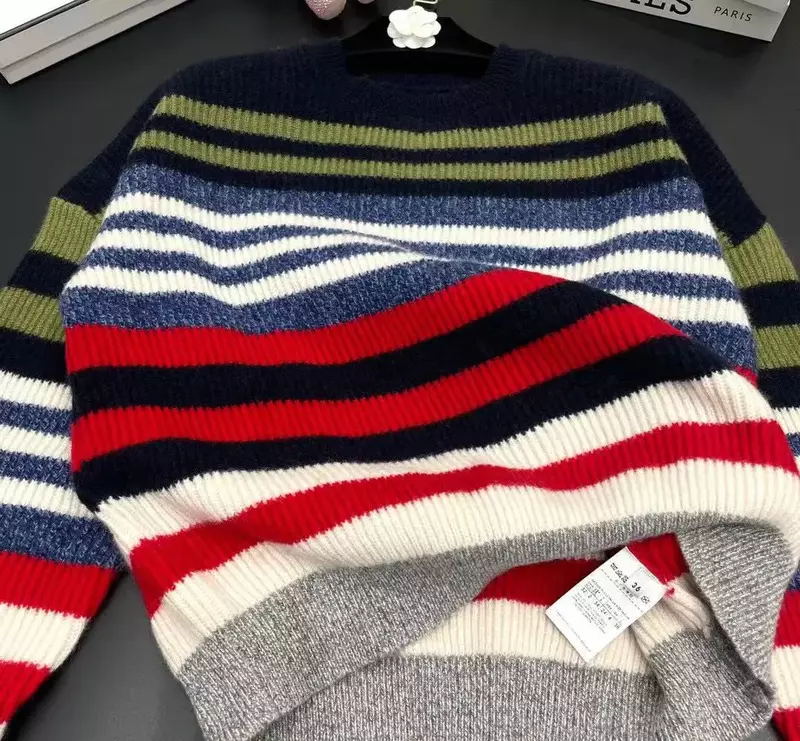 Женский свитер в контрастную полоску, повседневный Универсальный трикотажный пуловер с круглым вырезом и длинным рукавом на осень