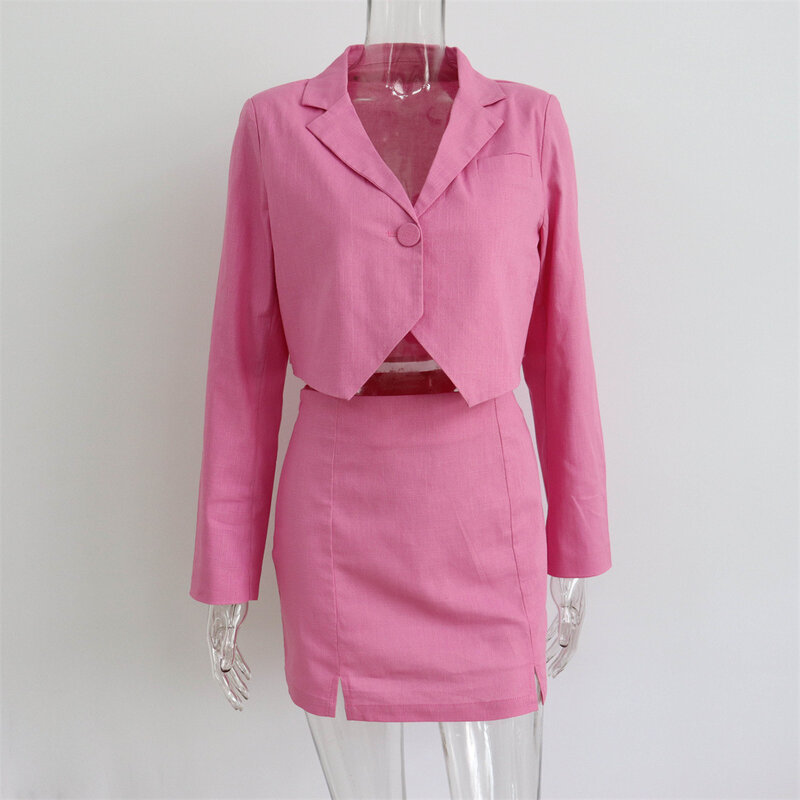 Conjunto de dos piezas de algodón rosa para mujer, traje de manga larga con cuello vuelto y bolsillos con botones, falda con abertura superior a la moda para primavera y otoño