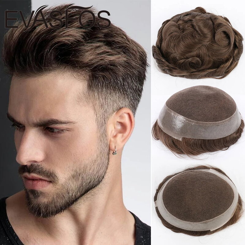 EVASFOS Male Human Wig Hairpiece Swiss Lace PU Around Prosthesis Male Wig Hair Replacement System Pure Handmade For Men Toupee