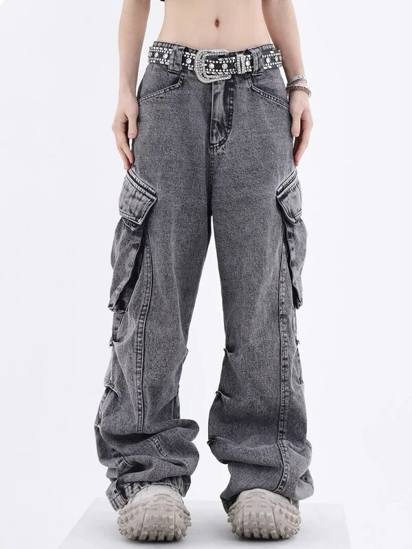 Celana kargo Jeans wanita High Street Jeans dicuci pinggang tinggi celana wanita kasual lebar kaki longgar Jeans pakaian wanita