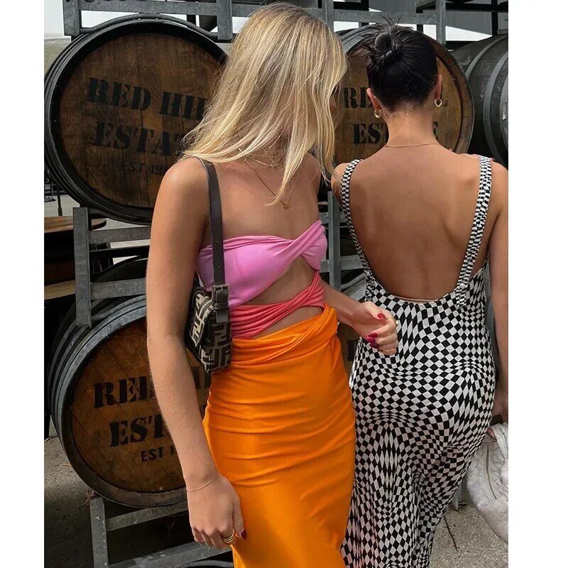 Hollow Out Sleeveless Backless Summer Beach Dresses Party Club Midi 2024 Patchwork Y2K Strapless Bodycon Dress Sexy Women 20460