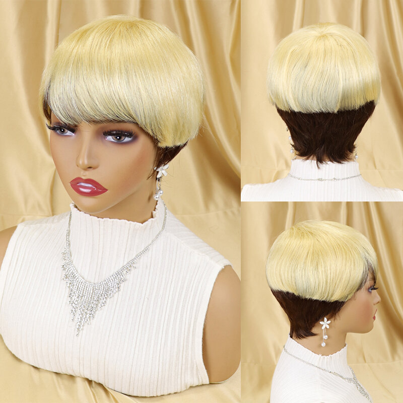 Peluca de cabello humano brasileño con corte Pixie para mujeres negras, pelo corto Natural, color ombré y marrón