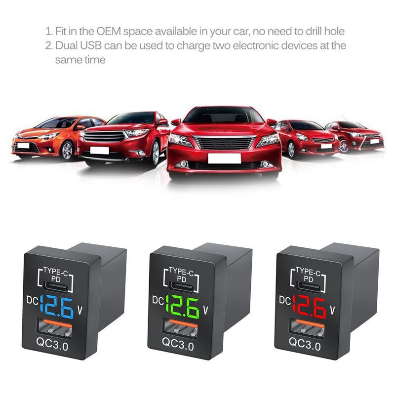 QC3.0 USB tomada do carregador de carro com voltímetro digital LED azul, carga rápida para Toyota, PD tipo-C, novo