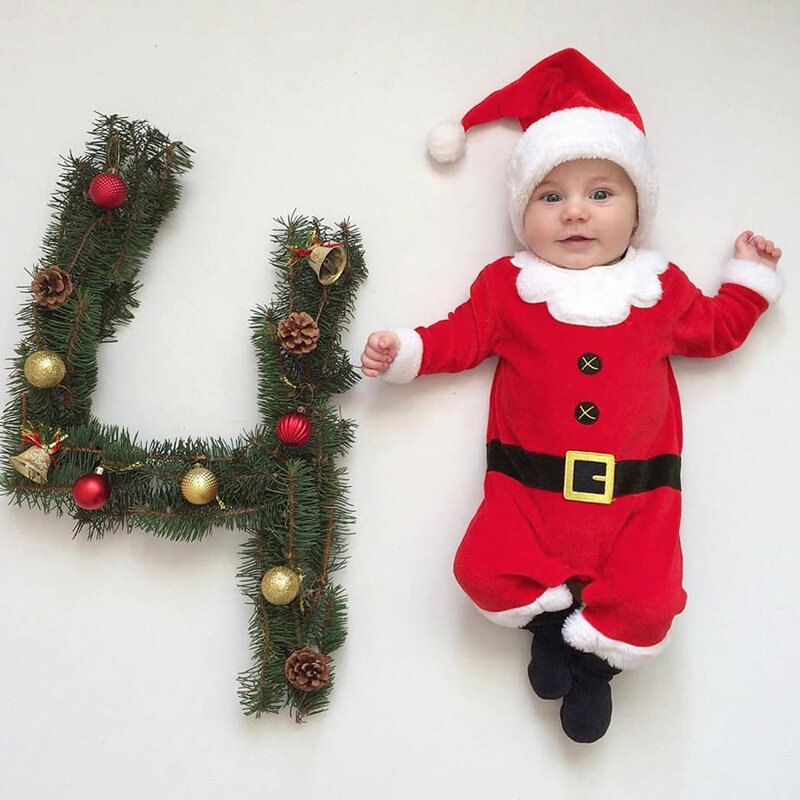 Unisex Long Sleeve Toddler Xmas Elf Outfit Infant Baby Boys Girls Christmas Fleeced Romper Newborn Santa Claus Costume