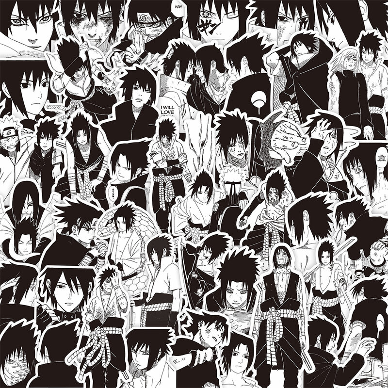 Pegatinas de Anime de NARUTO, calcomanías de dibujos animados de Uchiha Sasuke, blanco y negro grafiti, papelería DIY para teléfono y portátil, 10/30/70 piezas