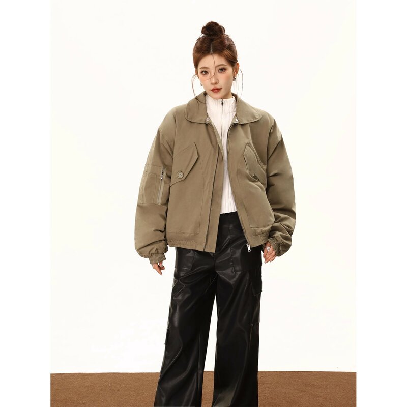 여성용 미국 레트로 패션 재킷, 하이 스트리트 디자인 라펠 지퍼, 면 패딩 코트 의류, 2023 가을 겨울
