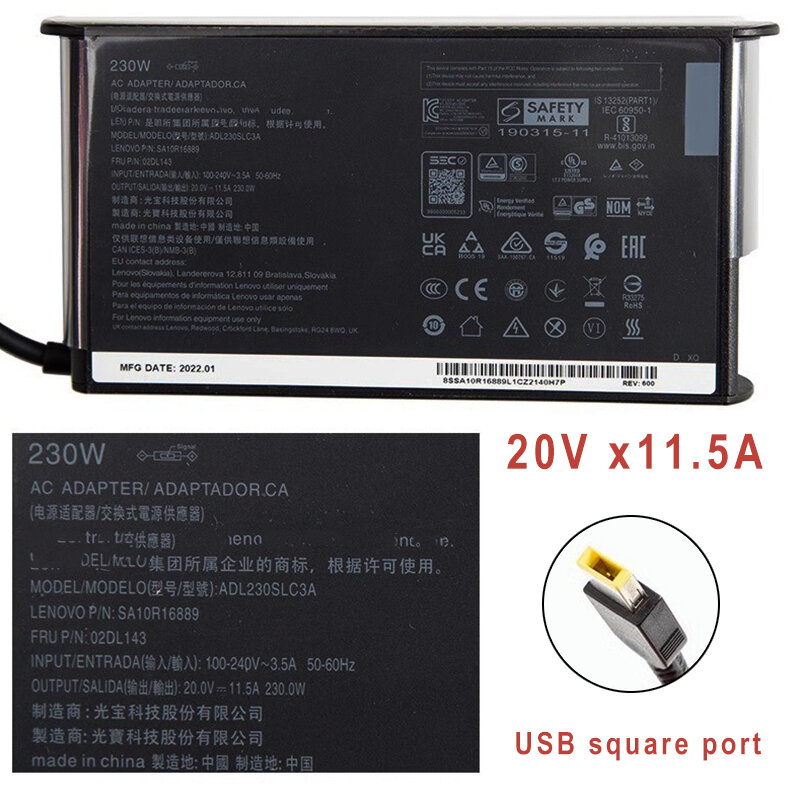 ADL230SCC3A 230W 20V อะแดปเตอร์ USB AC 11.5A สำหรับ Lenovo Legion 5-15IMH05H 81Y6 ThinkPad T540P W540 P71 Y7000P Y900 P72 P73 Y910