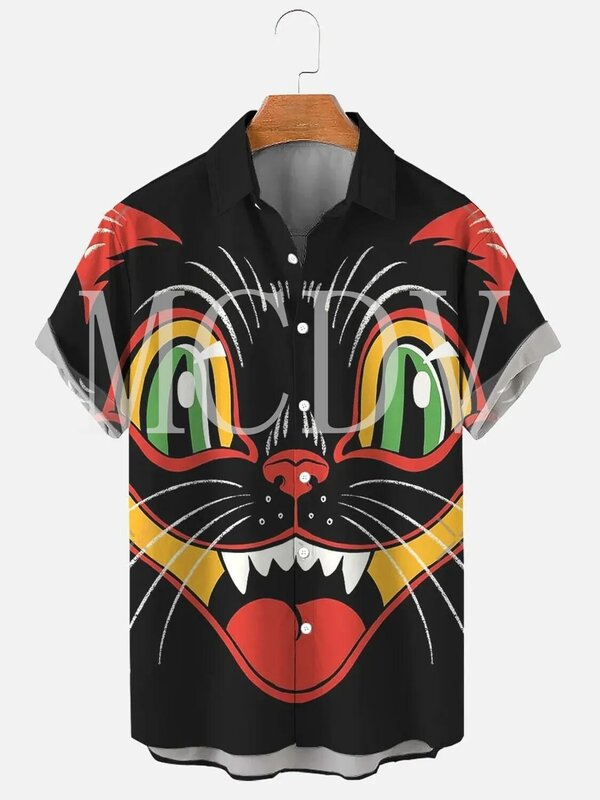 Camisa hawaiana de manga corta para hombre y mujer, camisa transpirable informal con estampado de gato negro para Halloween