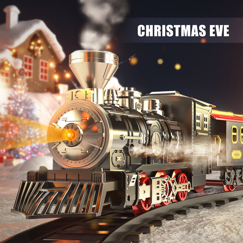 Elektryczny pociąg bożonarodzeniowy zestaw zabawek samochód tory kolejowe lokomotywa parowa silnik Model odlewu gra edukacyjna zabawki chłopięce dla dzieci