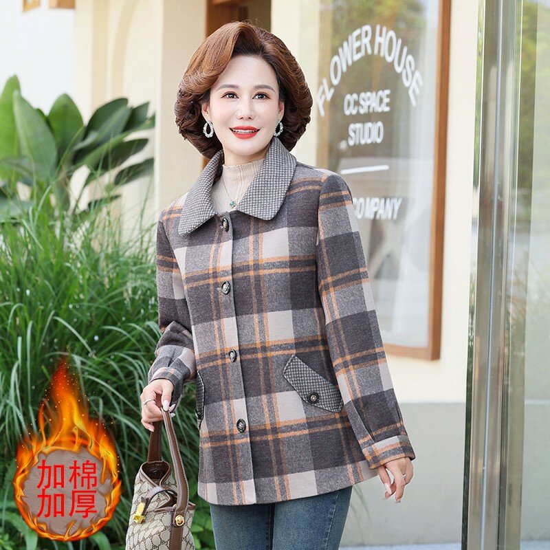 Mantel wol wanita gaya Korea, mantel wol wanita usia sedang ramping kotak-kotak pendek musim gugur dan musim dingin
