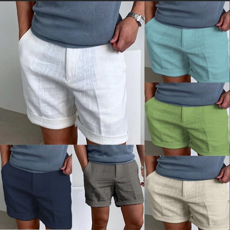 Shorts de linho casual masculino, bolso diagonal, monocromático, confortável, respirável, esportivo, ao ar livre