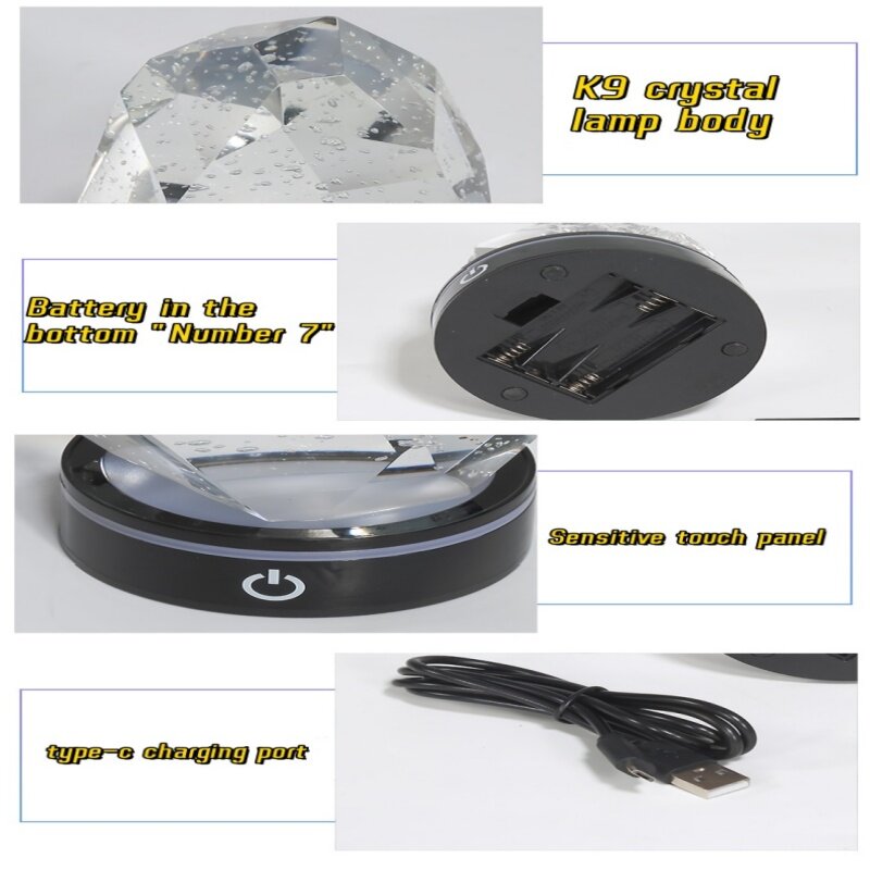 USB LED Crystal Night Lamp, RGB Cor Mudar Luz, Mesa de Jantar, Penteadeira, Mesa, Bar, Ambiance Ornamento, K9, 5V, 4 Estilos