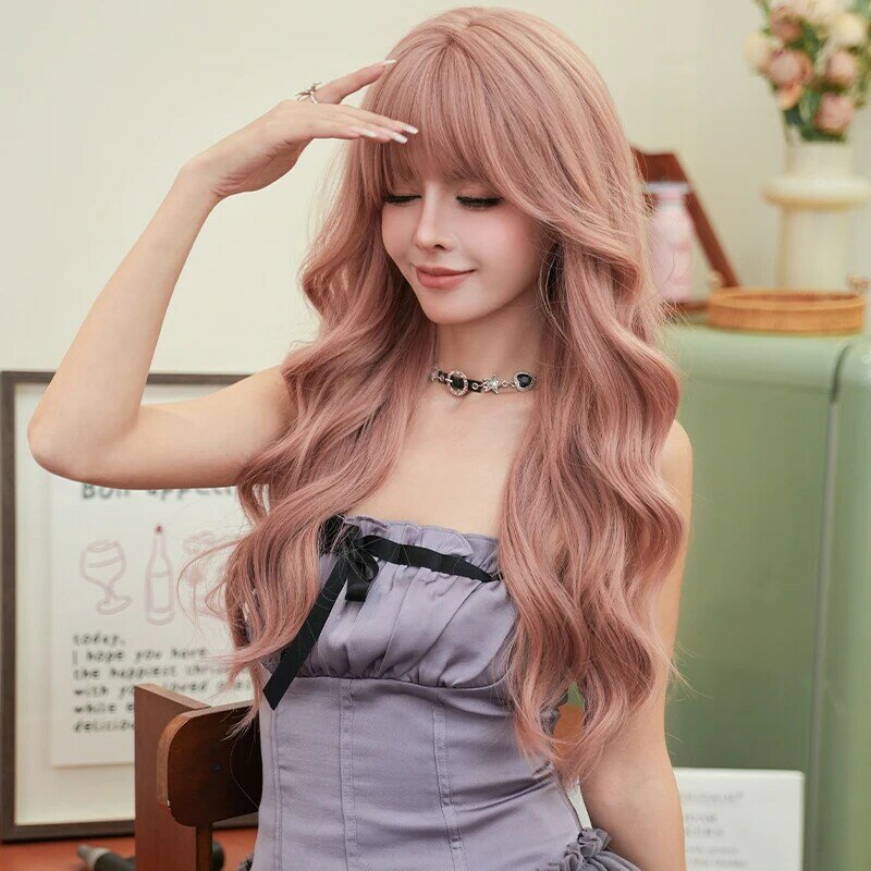 7JHH WIGS Costume Wig Synthetic Body Wavy Sweet Pink Wig for Women Daily Use Fashion Loose Sakura Pink Wigs with Fluffy Bangs