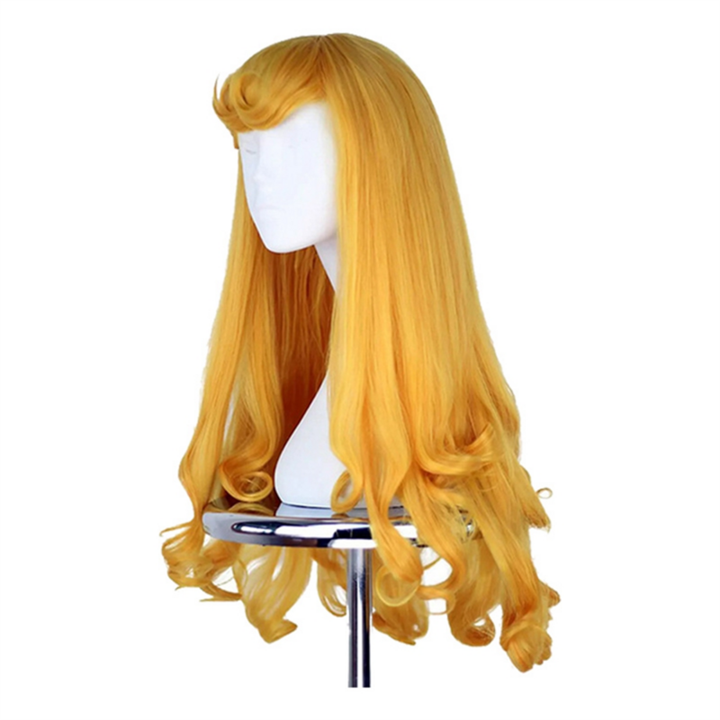 Peluca de princesa de bella durmiente de Anime para mujer, cabello largo amarillo, disfraz de Cosplay, pelucas de fiesta de Halloween, cabello largo y rizado