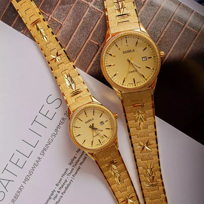 Новинка 2024, часы для влюбленных, позолоченные выцветающие кварцевые мужские часы с календарем в стиле ретро, резные корейские золотые часы