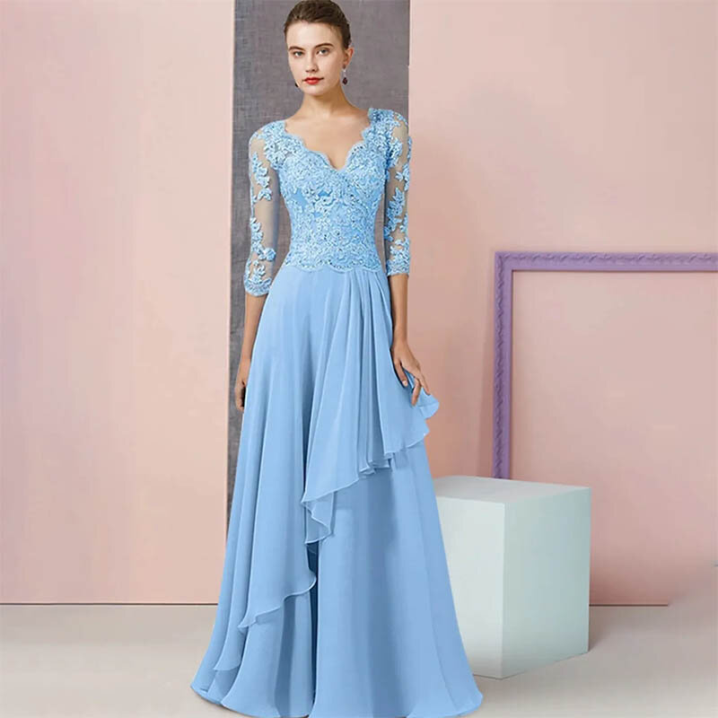 فستان أم العريس من الدانتيل الشيفون بفتحة رقبة v للنساء ، طويل بخط واحد ، أزرق فاتح ، أنيق ، رائع