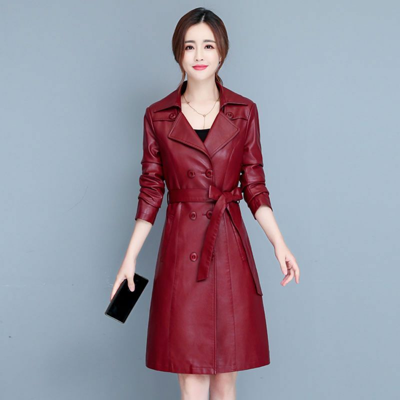 2023 Autumn Winter New Women Mid-Length Leather Coat Slim Fit Lapel Large Size Outcoat Female Temperament Leisure Warm Outwear