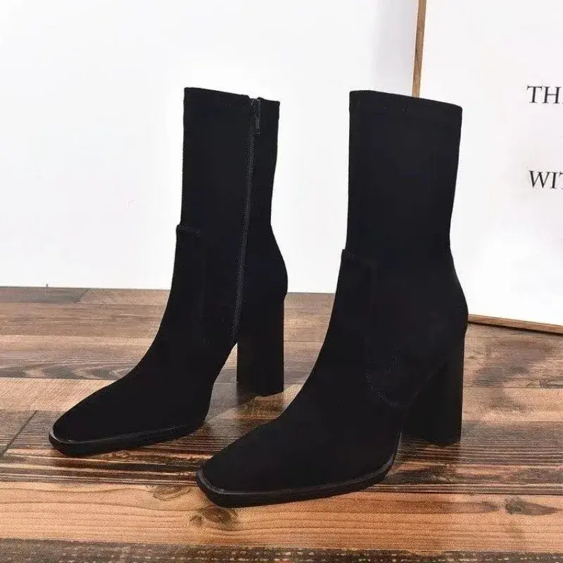 2023 scarpe moda per donna stivali da donna con cerniera inverno punta quadrata Solid Flock Concise Warm Mid-Calf Chunky Heels stivali romani