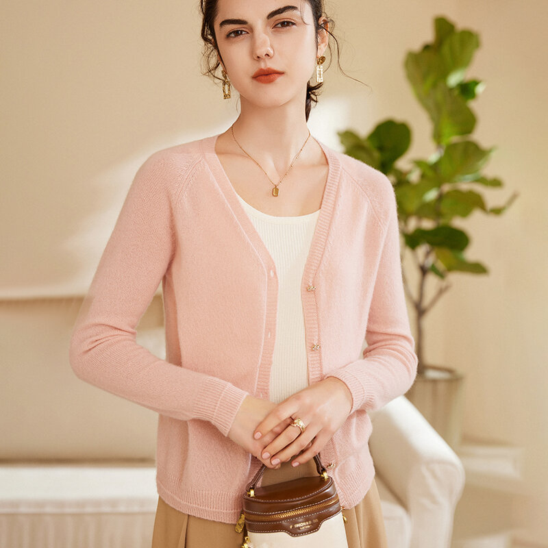 Women O-neck Cardigan For Spring Autumn 100% Cashmere Sweater Long Sleeve Pure Color Office Lady Basic Clothes Korean Style