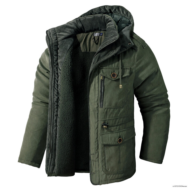 Novo inverno grosso quente jaqueta masculina casual grosso com capuz à prova de vento parka cor sólida plus size multi bolso jaqueta de lã
